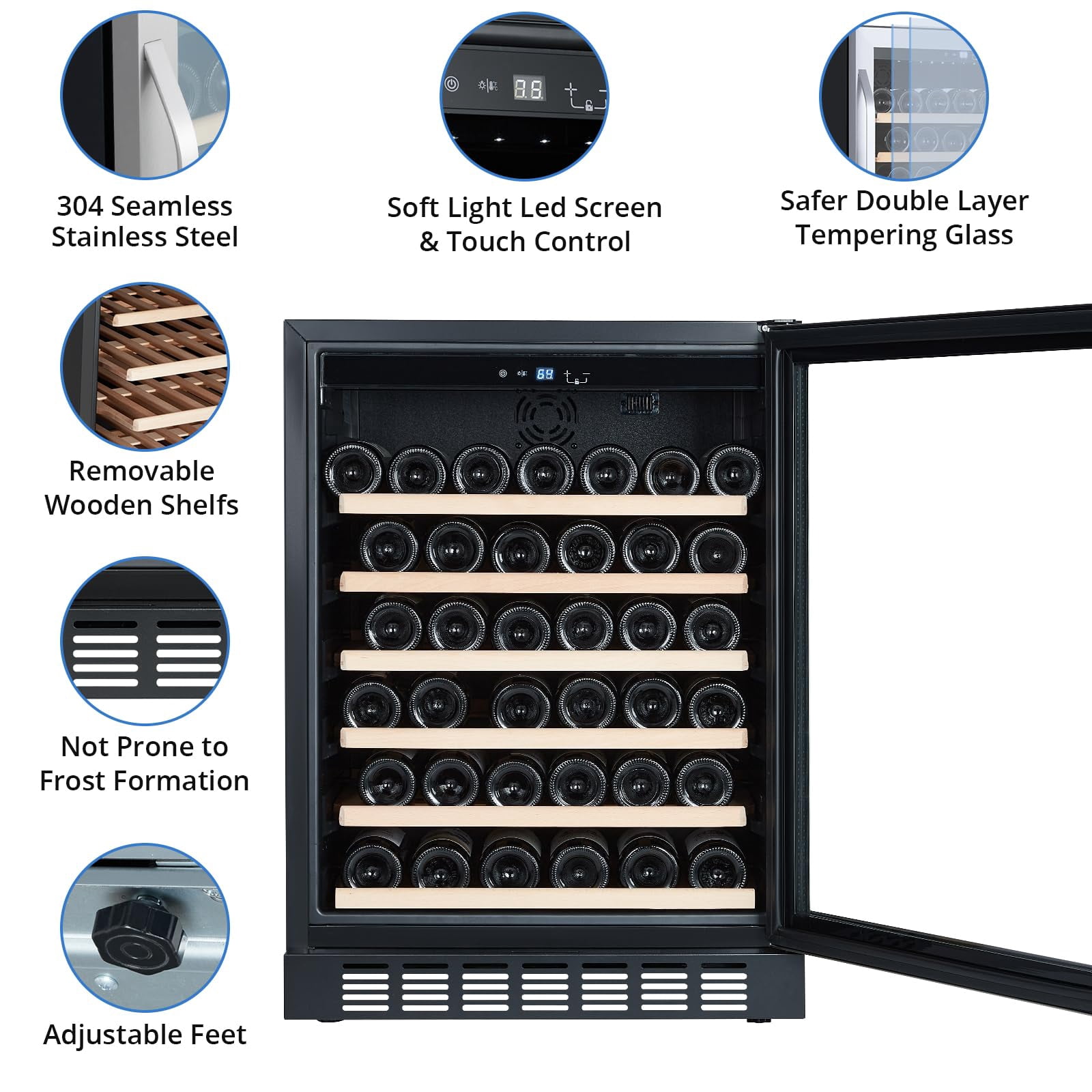 Wine Cooler Refrigerator - 46 Bottle Capacity, Professional Compressor, Stainless Steel & Tempered Glass, Safety Lock, Built-in or Freestanding for Home, Kitchen, Office