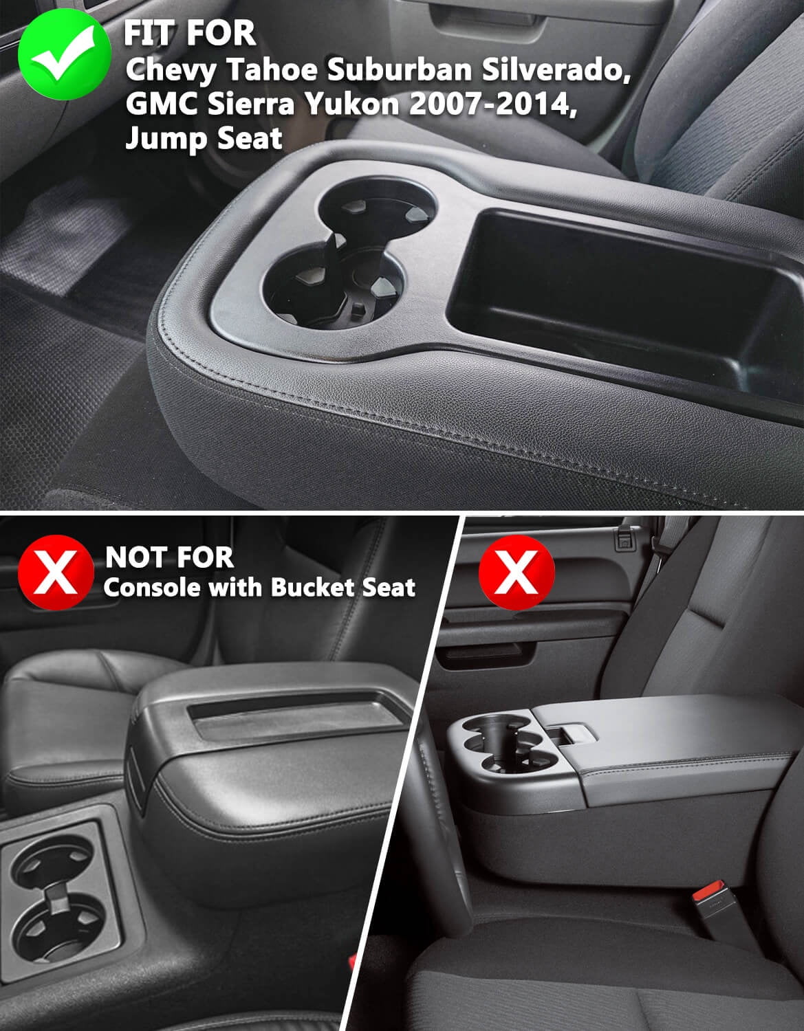 KBH Center Console Lid Armrest Cover for Chevy Tahoe Suburban Silverado, GMC Sierra Yukon 2007-2014 Jump Seat, Black Leather Interior Trim with Zipper Design