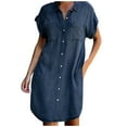 thumbnail image 2 of ZHOGXU Women's Denim Dress Short Sleeve Lapel Solid Color Buttons Fashion Comfortable Dresses With Pockets For Casual Daily Wear,Dark Blue,Xl, 2 of 6