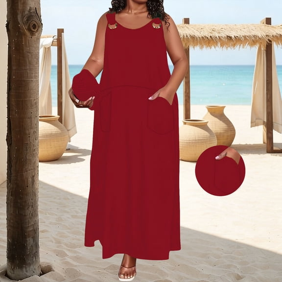 Karymi Plus Size Solid Color Sleeveless Maxi Dress, Casual Scoop Neck Overall Style Long Dress with Pockets, Loose Flowy Summer Dress Cocktail Dresses for Women