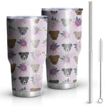 30oz Cute Pitbull Terriers Dog and Flower Tumblers Stainless Steel Tumbler with Lid and Straw,Vacuum Insulated Double Wall Travel Tumbler Cups Mug with Cleaning Brush for Coffee,Tea