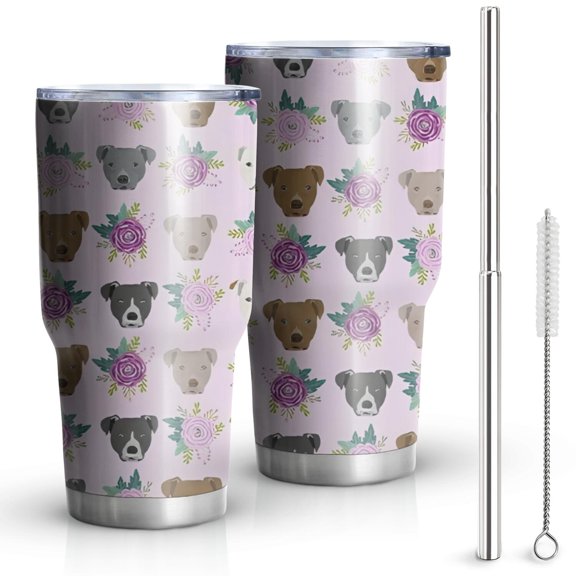 30oz Cute Pitbull Terriers Dog and Flower Tumblers Stainless Steel Tumbler with Lid and Straw,Vacuum Insulated Double Wall Travel Tumbler Cups Mug with Cleaning Brush for Coffee,Tea