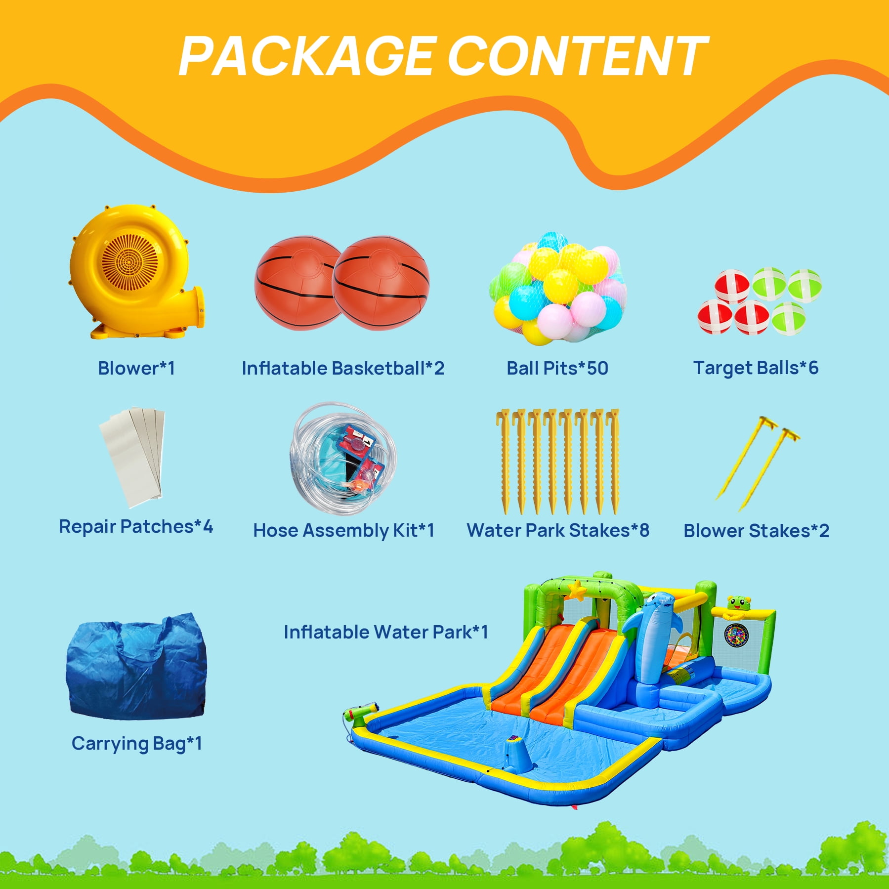 Mintazer 9-In-1 Inflatable Bounce House with Blower, 2 Slides Play Castle with Shower Soak Pool, Sprinkler Fountain, Climbing Wall & Water Gun for Kids