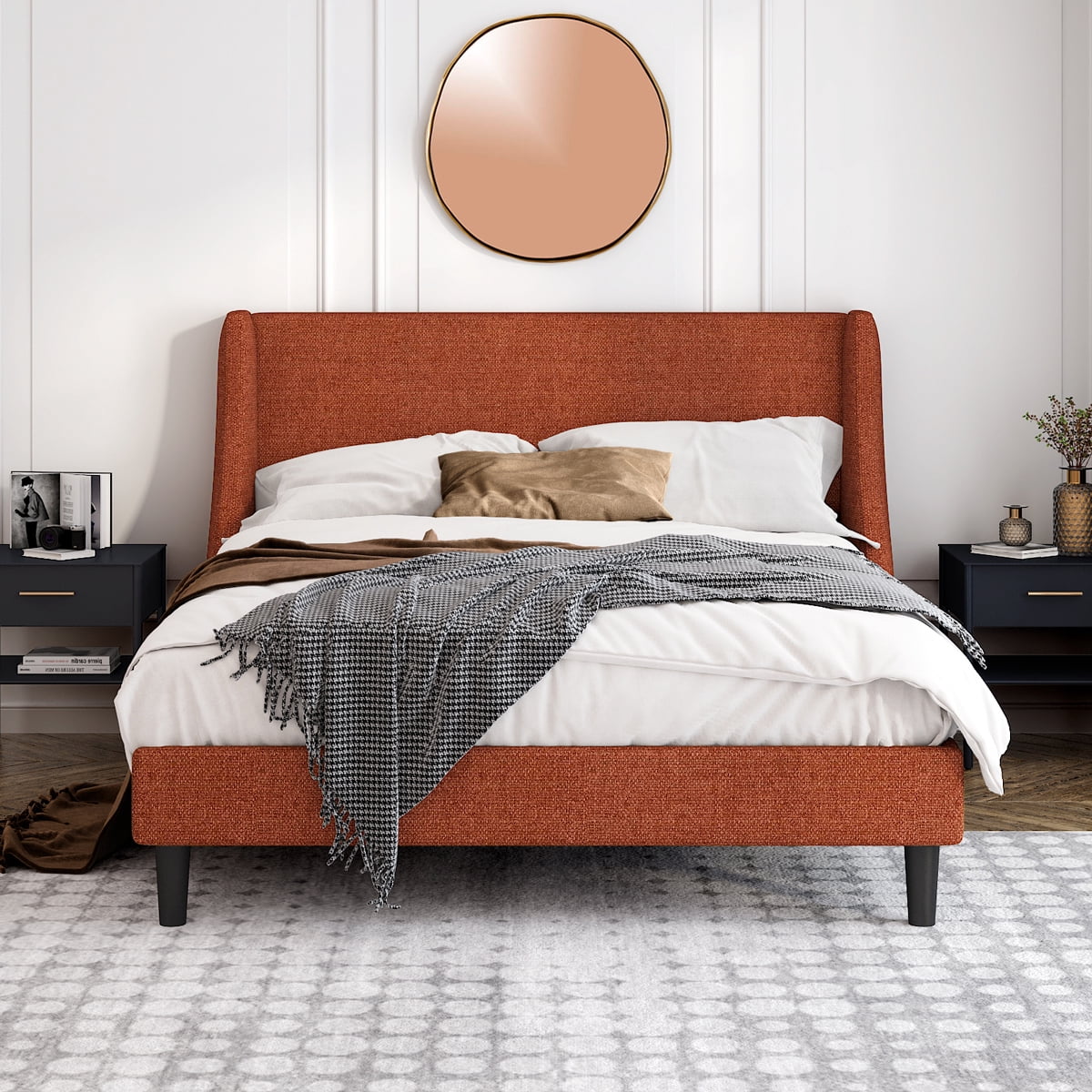 Einfach Queen Size Platform Bed Frame with Fabric Upholstered Wingback Headboard, Burnt Orange