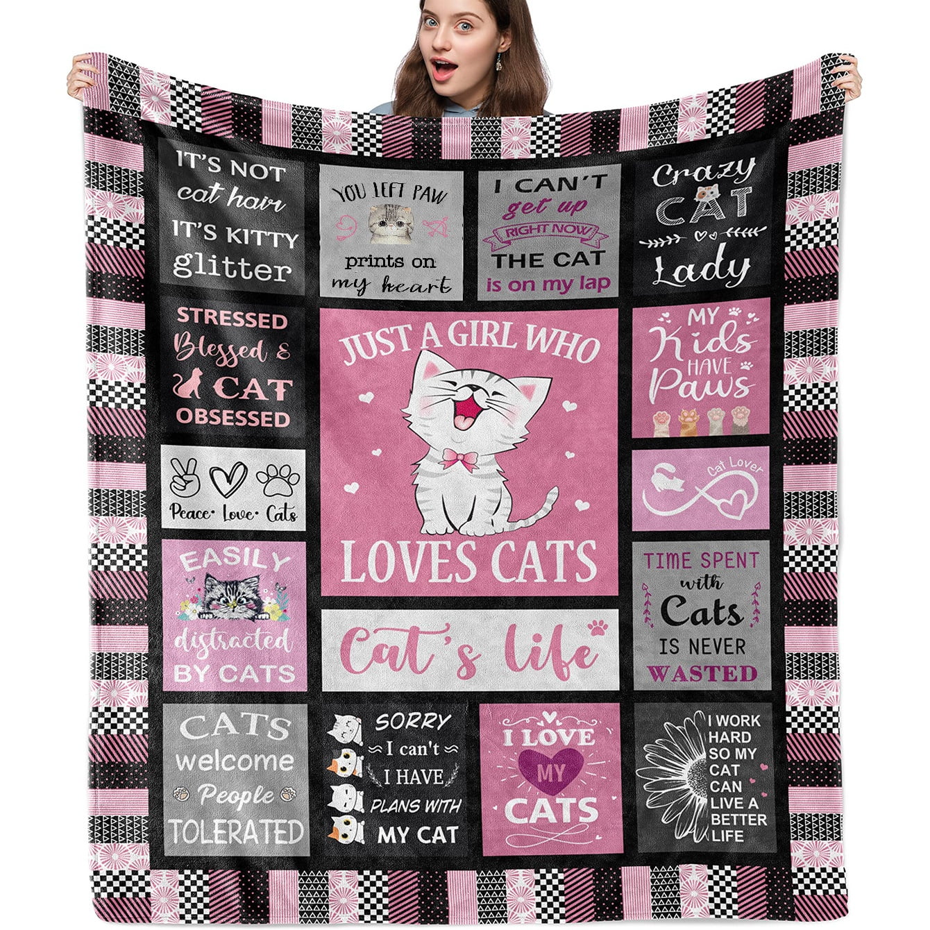 Cozy Cat Themed Flannel Throw Blanket Perfect Gift for Cat Lovers Women & Girls Soft Warm & Machine Washable Pink Striped Design