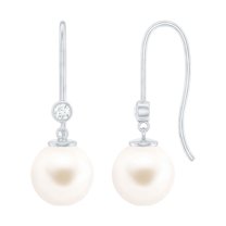 Rosec Jewels Freshwater Pearl Drop Earrings with Diamond for Women (8 mm, AAA Grade), 14K White Gold