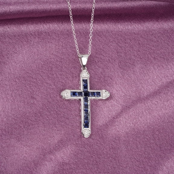 Bluebelljewels 2.50Ct Princess Shape Blue Sapphire & Diamond Pendant, 14k White Gold Plated Cross Pendant