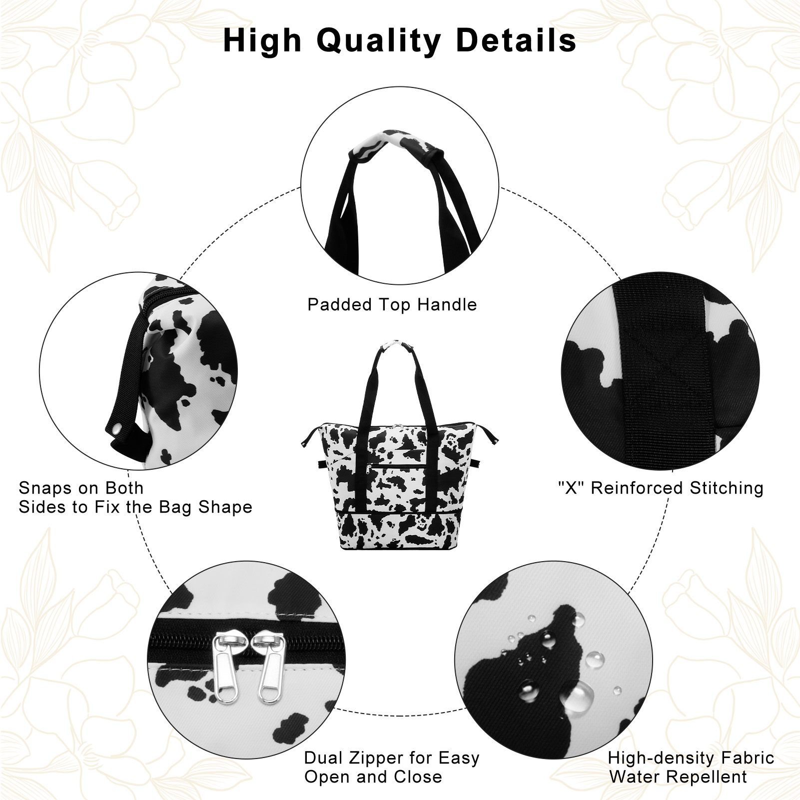 HAWEE Expandable Duffel Bag for Women with Trolley Sleeve and Wet Pocket Water Repellent Weekender Travel Tote Large Capacity Carry On Overnight Luggage for Gym/ Trip/ Camping/ Beach, Cow Print