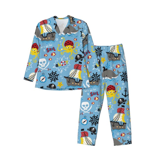 Fotbe Pirate Marine Animals Pijama de Hombre con Estampado de Manga Larga, Conjunto de 2 Piezas, Ropa de Dormir Suave y Cómoda con Bolsillos-Medium