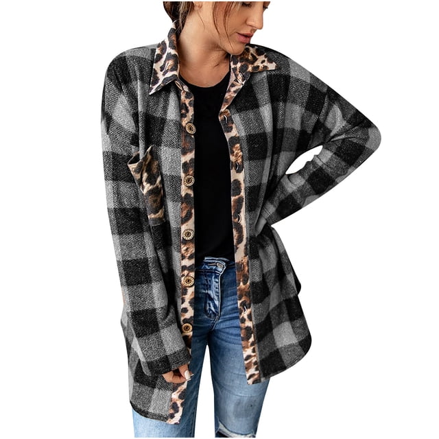 Leopard Print Jacket Ladies Houndstooth Leopard Print Contrast Plaid Long Sleeve Shirt Jacket