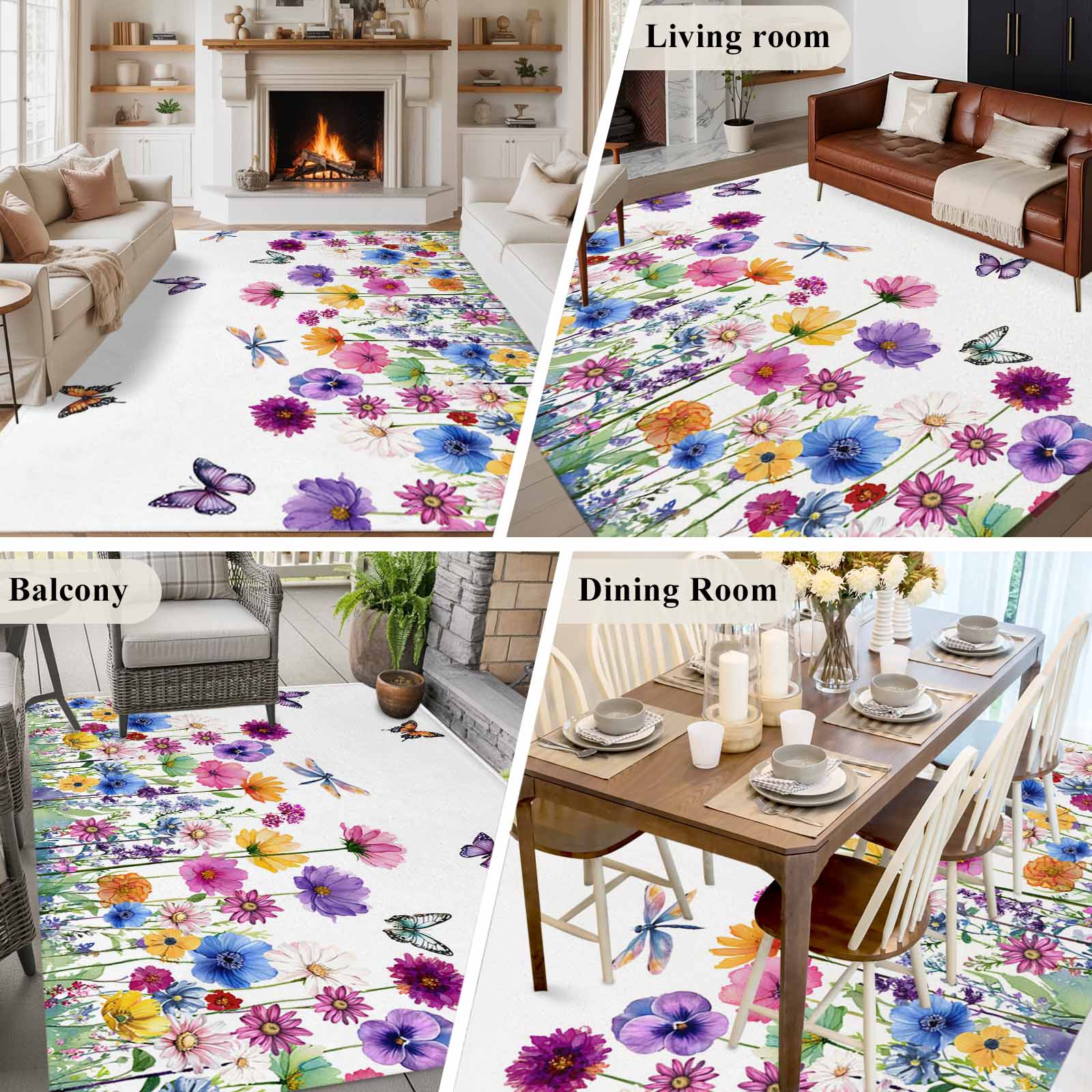 Large Area Rugs for Living Room Bedroom, Spring Flowers 8'x10' Rug Washable Carpet Runner Indoor Outdoor, Watercolor Butterfly Dragonfly Daisy Country Non Slip Floor Mats Rug for Kitchen, Patio