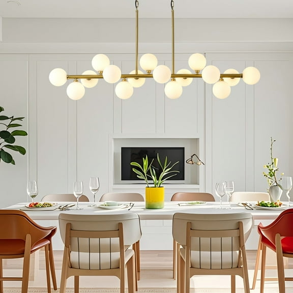 Mid Century Modern Linear Chandelier, 16-Light Brass Sputnik Chandelier with Milky White Glass Shades, Adjustable Height Pendant Light for Dining Room, Kitchen Island