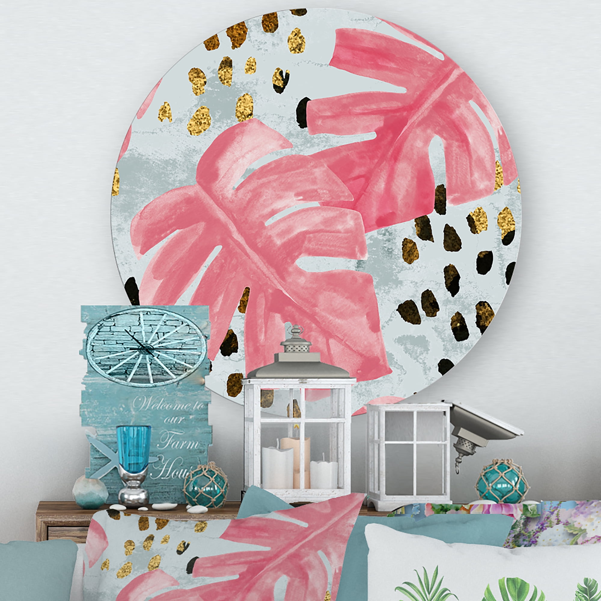 Rough Brush Strokes Pink Colored Monstera II 11 in x 11 in Painting Art Prints, by Designart