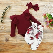 Kayannuo Baby Girl Clothes Long Sleeve Fall Winter Newborn Baby Girl Clothes Infant Outfits Ruffle Sleeve Romper Bodysuit Floral Pants Toddler Girl Outfits,Red