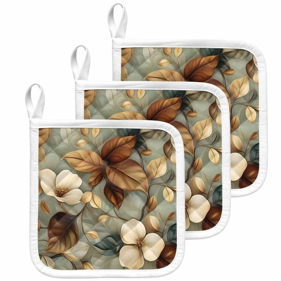 Boho Vintage Flower Pot Holders for Kitchen Heatproof Potholder, 3 Pack Farmhouse Botanical Floral Leaf Hot Pads Multipurpose Oven Pads Cloth Potholders Trivet for Cooking Baking