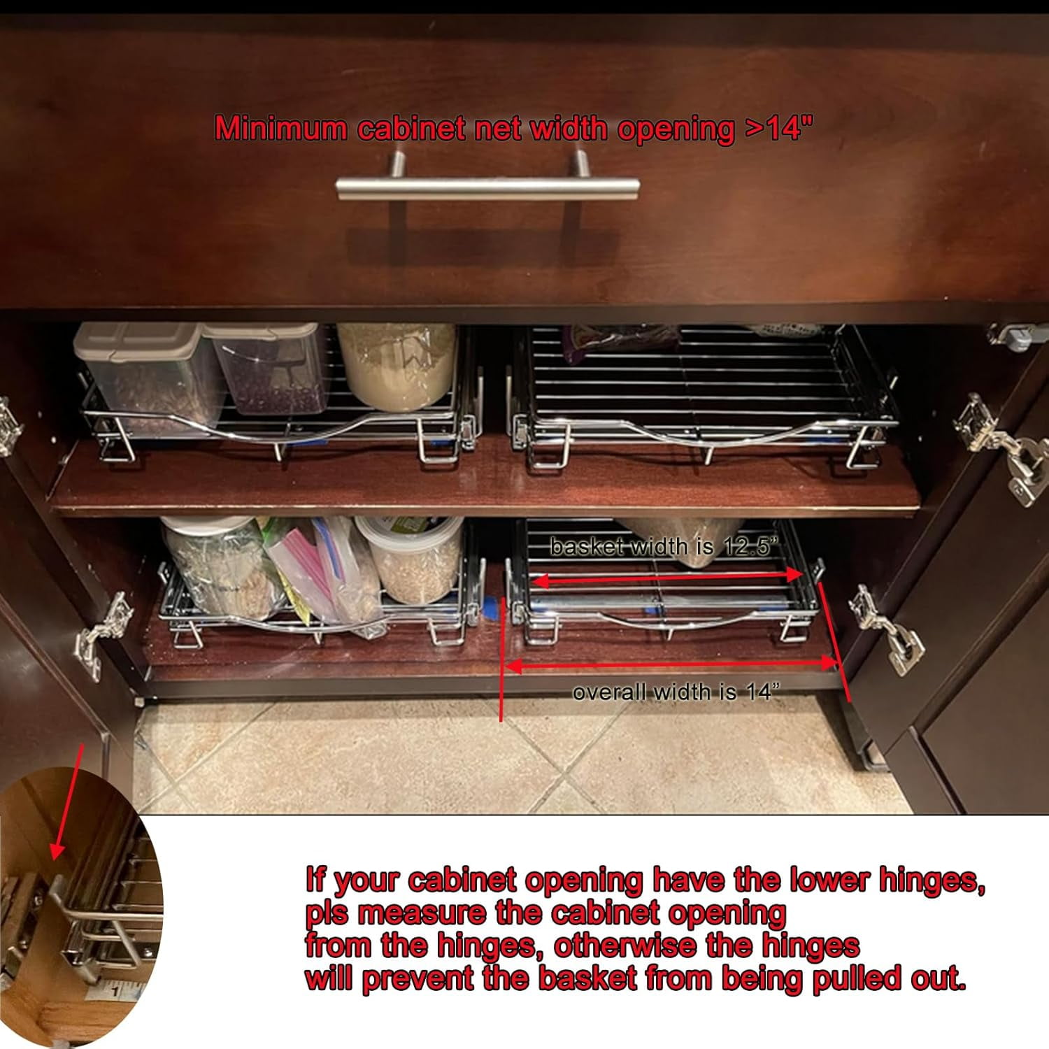 1 Tier Pull Out Cabinet Organizer (14" W x 18" D) Heavy-Duty Metal Sliding Drawer Shelf, Slide Out Wire Basket for Kitchen Cabinets, Pantry, Bathroom, Chrome Finish…