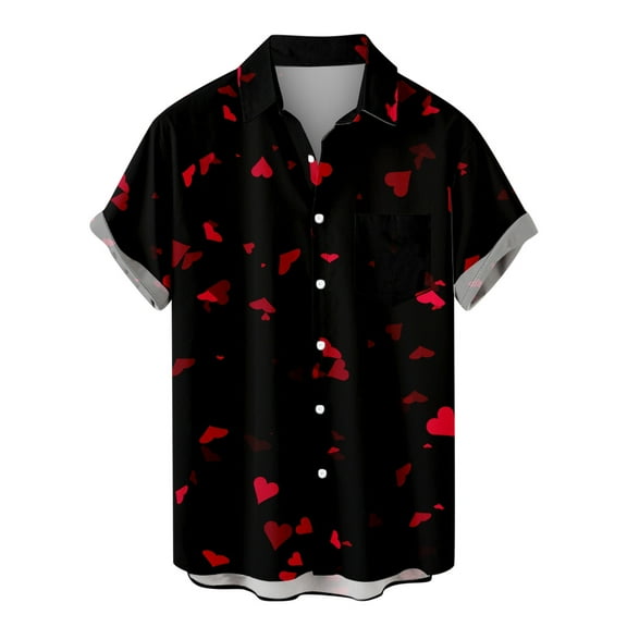Honeeladyy Hawaiian Shirt for Men Loose Fit Short Sleeve Button Down Tops Valentines Day Heart Print Beach Shirts Birthday Gift for Son Black XXL