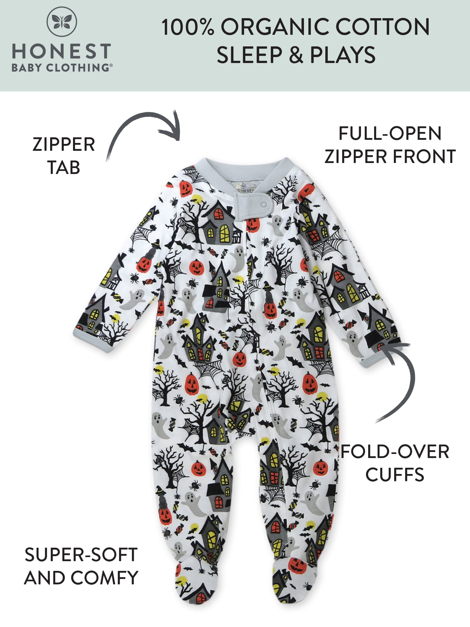 Honest Baby Clothing Baby Boy or Girl Gender Neutral Organic Cotton Sleep N  Play Halloween Pajamas (Newborn-9 Months)