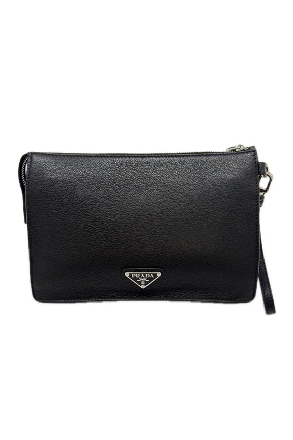 Pre-Owned PRADA Vitello City Leather Second Bag with Logo Plate, Nero, 2VF006, Black Calfskin...