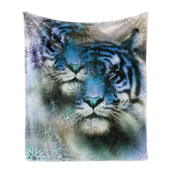 Animal Soft Flannel Fleece Throw Blanket, 2 Tiger Safari Cat Wild Furious Life Big Animals Artwork Print, Cozy Plush for Indoor and Outdoor Use, 50" x 70", Blue Black and White, by Ambesonne