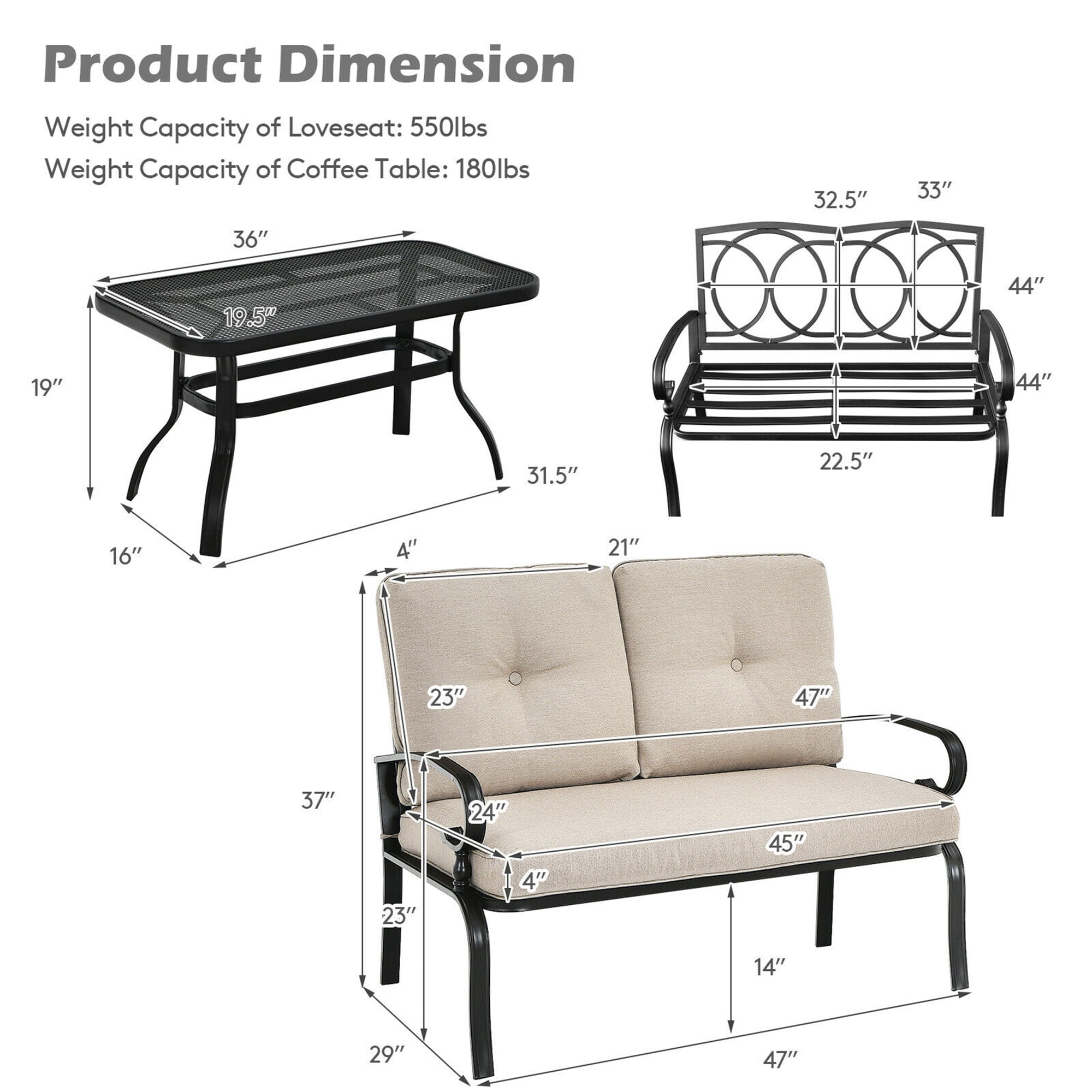 Gymax Fashion 2PCS Patio Loveseat & Table Set Conversation Sofa Set w/ Beige Cushions