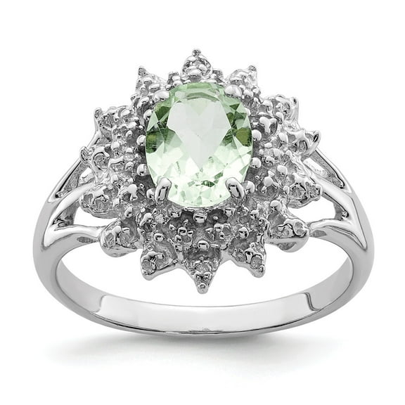 White Sterling Silver Ring Band Gemstone Prasiolite Oval Diamond