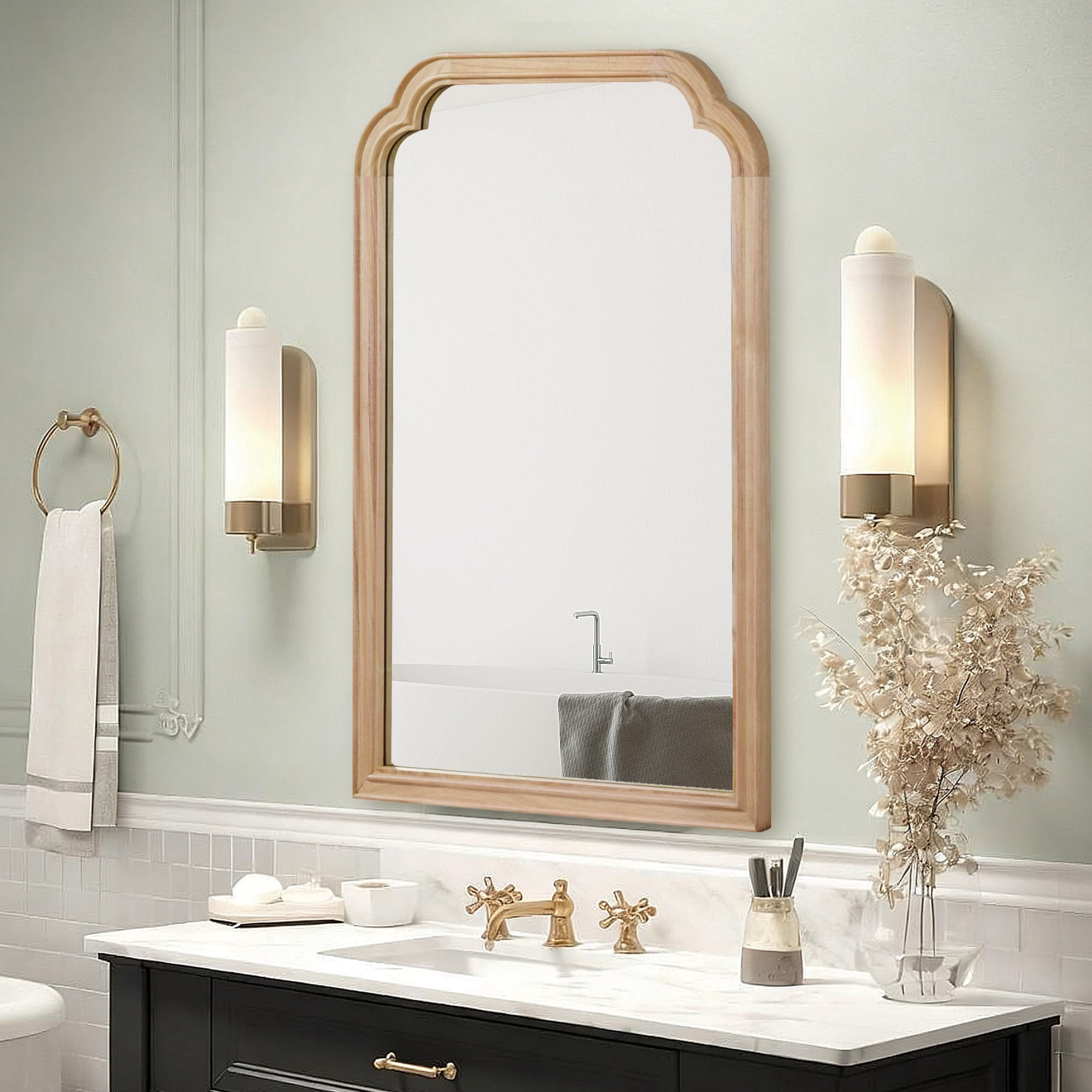 Leumius 24"x 36" Rounded Corner Mirror, Solid Wood Frame Decorative Mirror for Bedroom Bathroom Living Room Entryway Natural