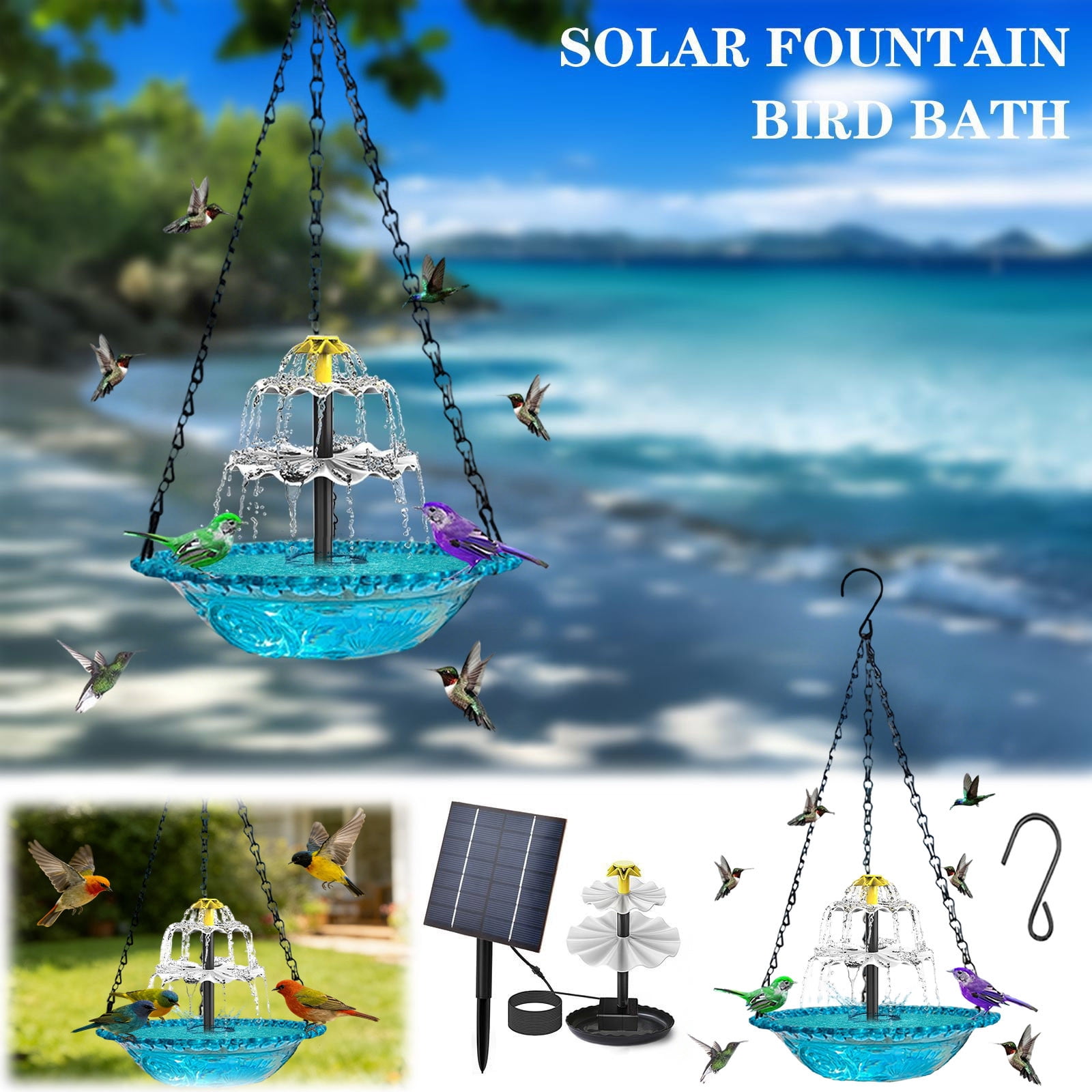 Chanana Solar Bird Bath Fountain, Outdoor Hanging Cascade Bird Bath with Solar Powered Pump Bowl with Nozzles, Attracting Wild Birds Hummingbirds Shower for Garden, Patio
