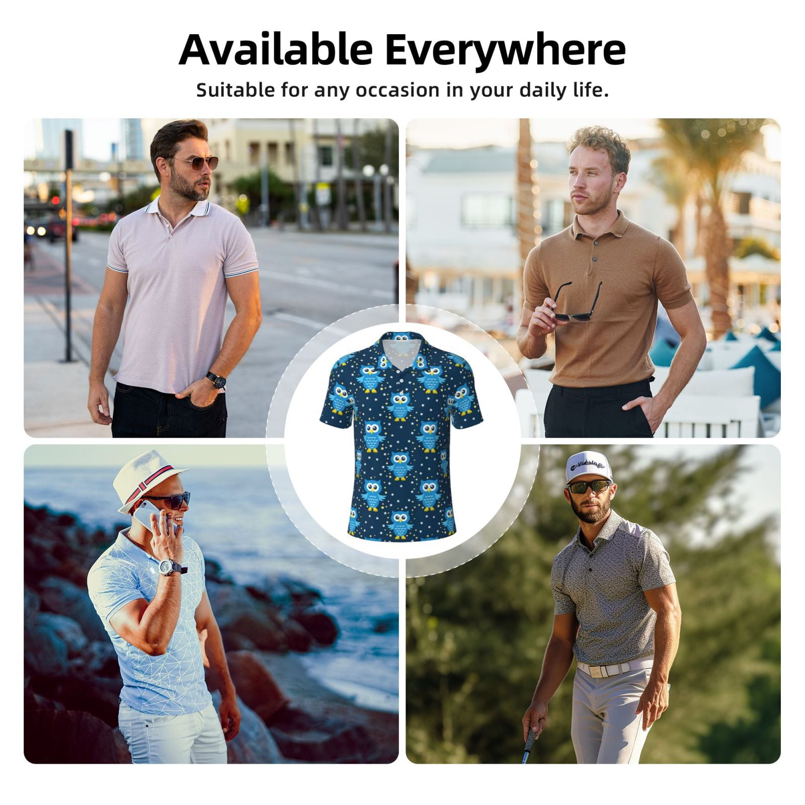 Salouo Blue Owl for Men's Short Sleeve Polo Shirts,Polo Shirts for