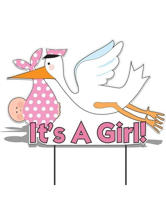 VictoryStore "It's a Girl" Die Cut Stork, Baby Announcement Yard Sign (Light Skin Toned Baby) Includes Ez Stakes, 100% Waterproof Corrguated Plastic