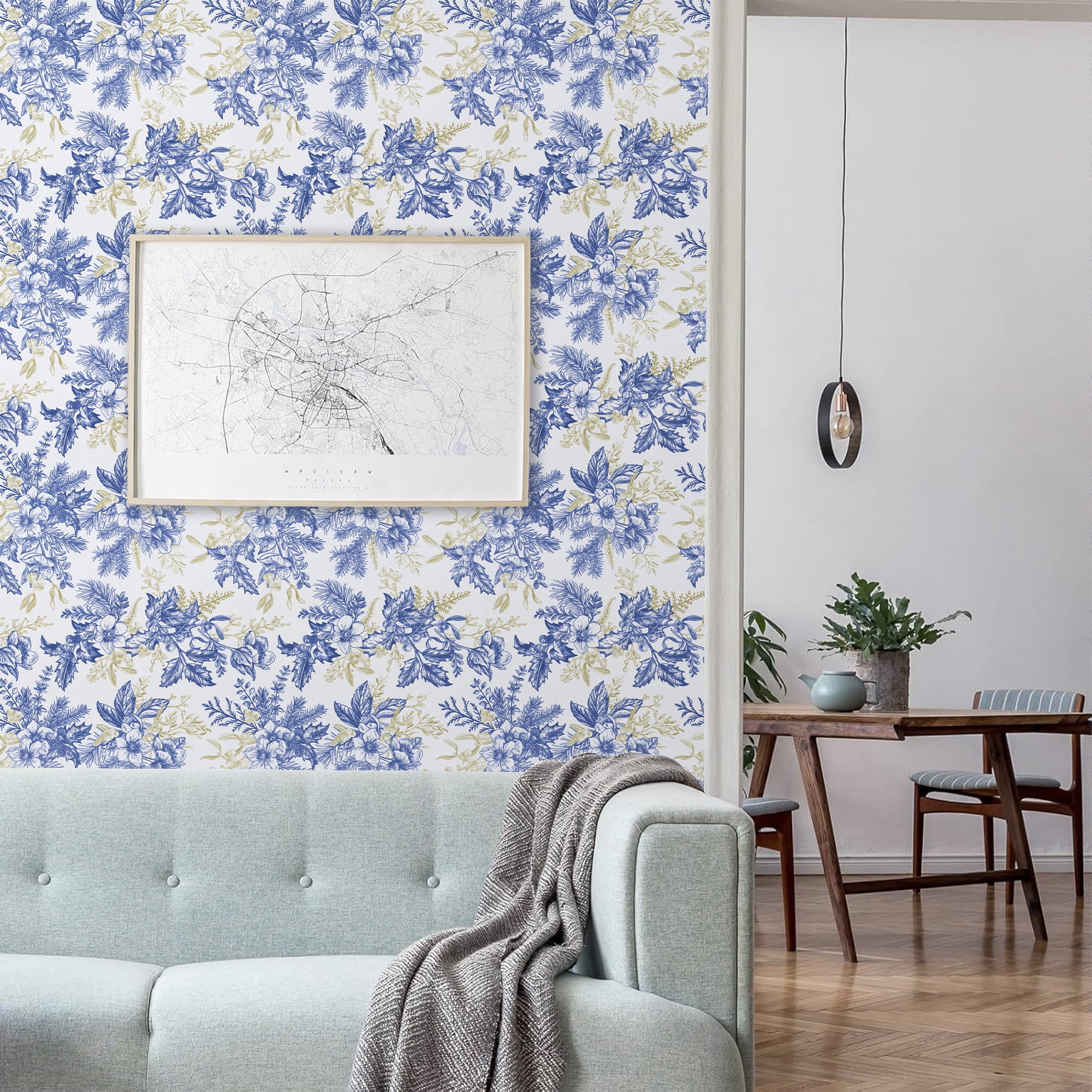 Abyssaly Blue Floral Wallpaper Peel and Stick Wallpaper 17.3" × 393.7" Self Adhesive Removable Wallpaper Vintage Flower Vinyl Wall Paper for Home Decor