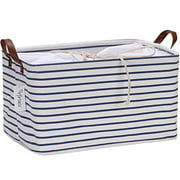 Hinwo 31L Large Capacity Storage Basket Canvas Fabric Storage Bin Collapsible Storage Box with PU Leather Handles and Drawstring Closure 16.5 by 11.8 inches Navy Blue Stripe