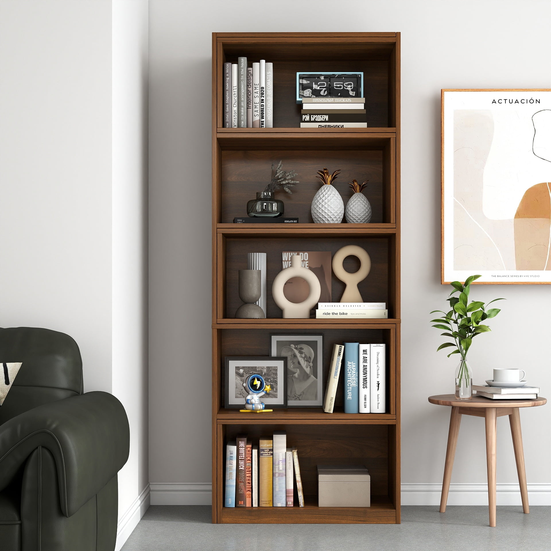 63"Tall Modular Bookshelf, 5-Tier Staggered Open Shelf Bookcase, Asymmetric Storage Display Rack