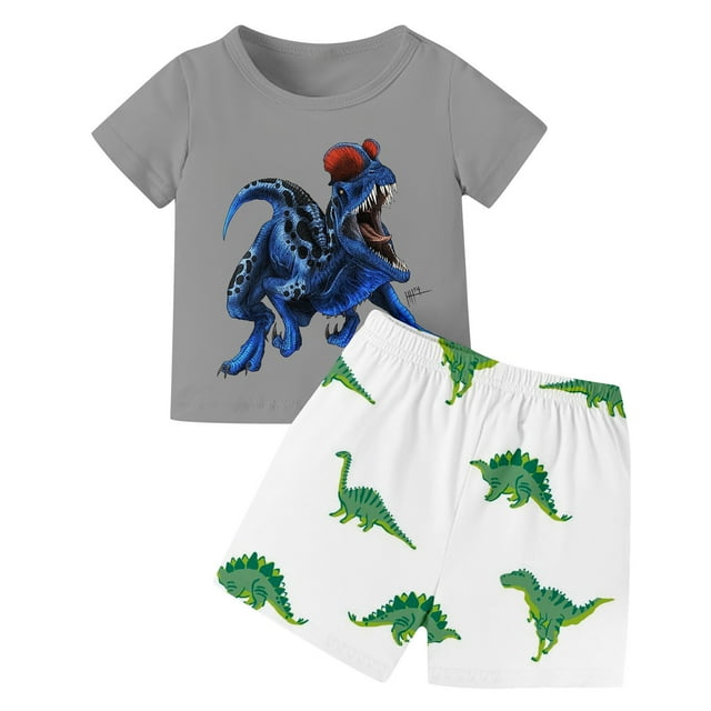 Vêtements d'Été pour Garçon, Ensemble Court avec T-Shirt Dinosaure à Col Rond, 7-8 Ans, Pyjama Garçon