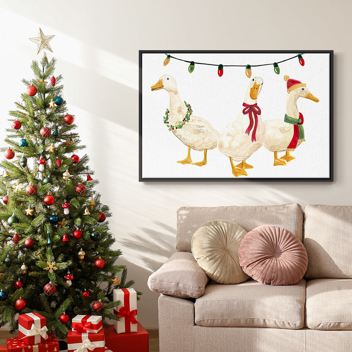 Merry Quackmas Collection A - Framed Gallery Wrapped Holiday Canvas - 17 x 25 - Black Frame
