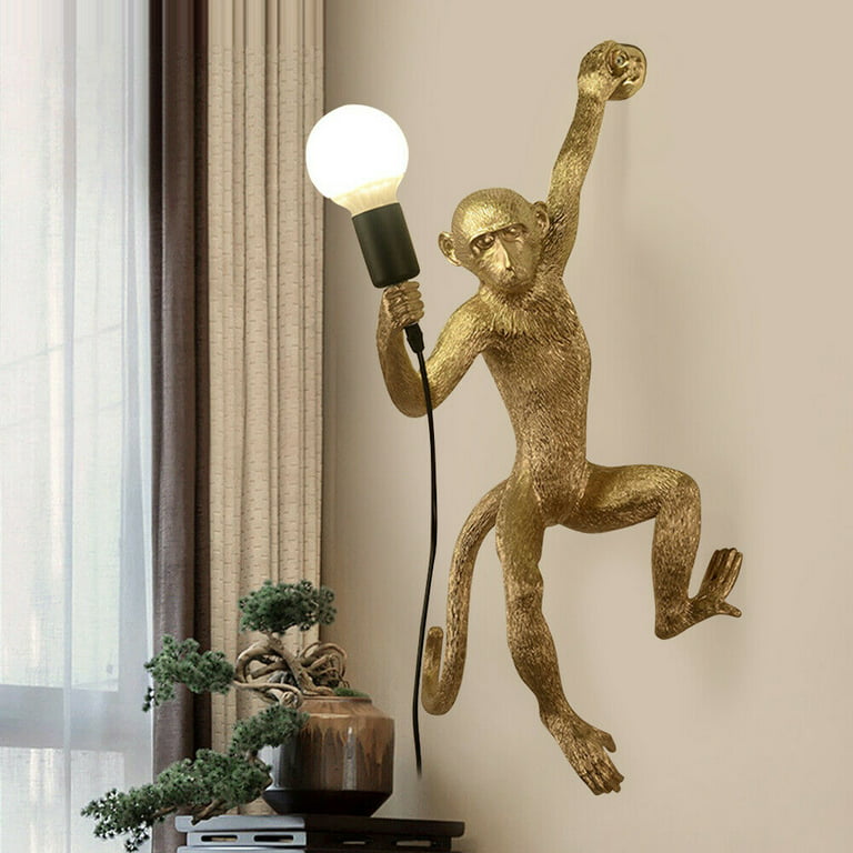 ANQIDI Retro Monkey Wall Light Creative Industrial Resin Wall Lamp Hanging  Rope Light Fixture Wall Decor for Bedroom Home Gold 