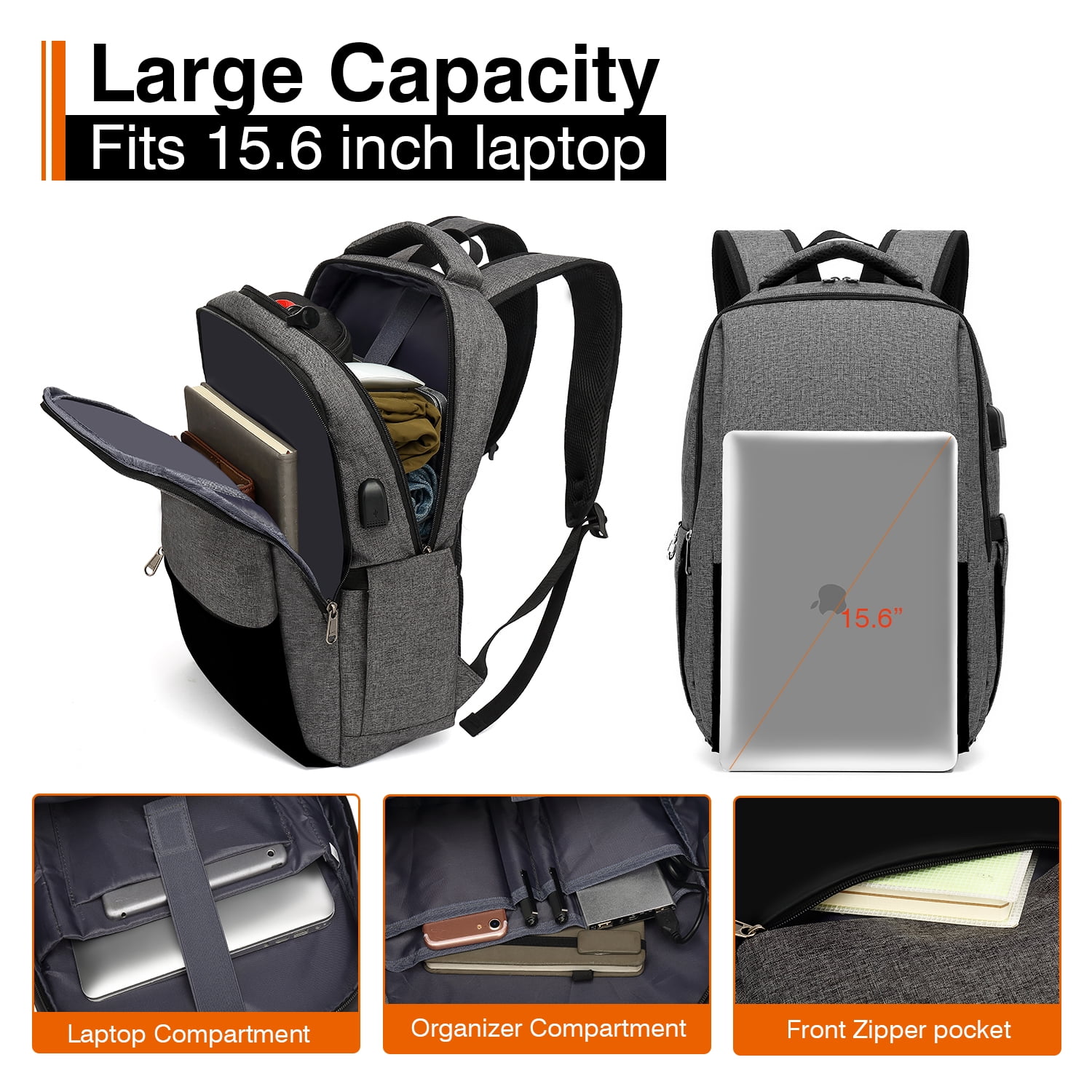 Besttravel Travel Backpack, 35L Flight Approved Carry On Laptops Bag, Business Backpack with USB Charging Port, Waterproof Casual Daypack for Women & Men Fits 15.6 Inch Laptop, Grey