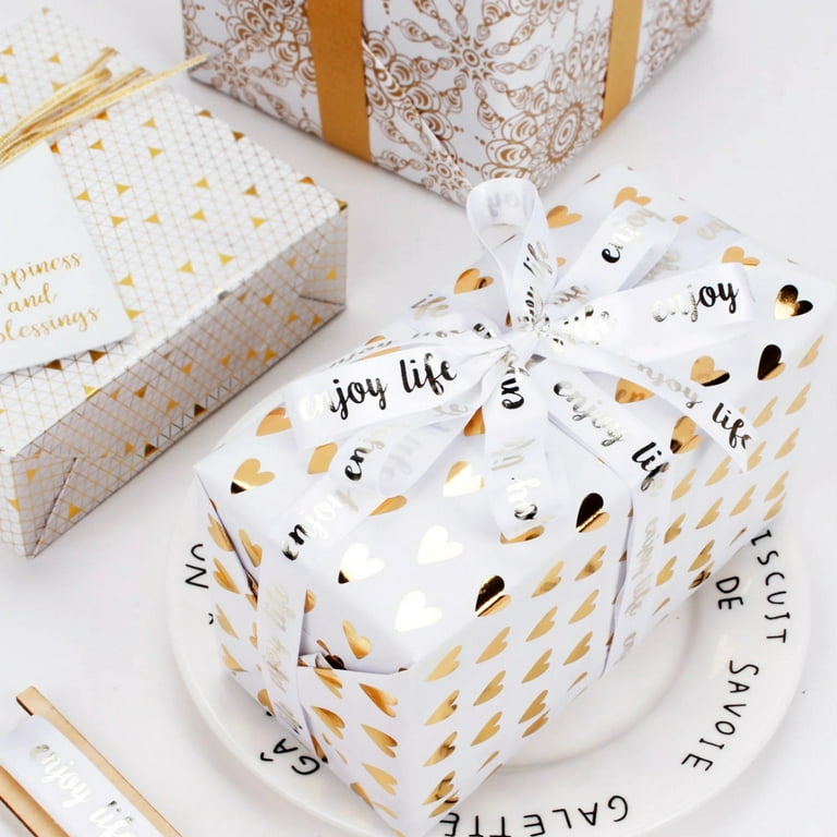 LaRibbons Everyday Foil Hearts Wrapping Paper White/Gold 30 x 10' Roll 