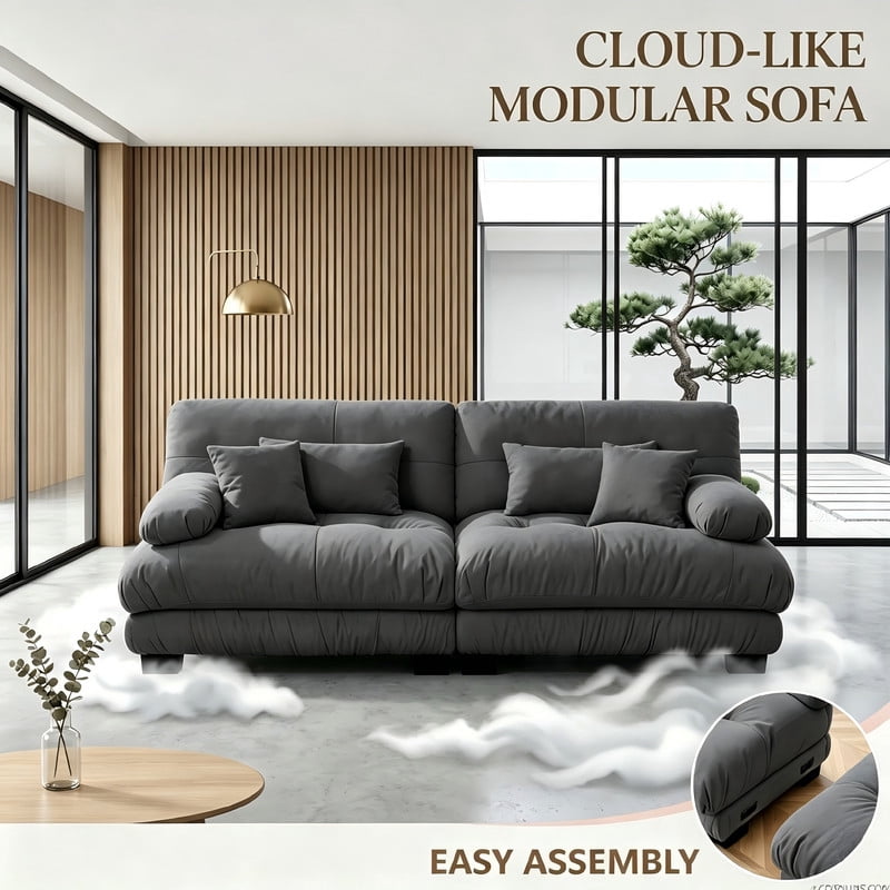 ANPPORT Cloud Couch Sleeper Sofa, Chenille Gray 2-Seater Modular Sofa, 2 Lumbar pillows, 2 Pillows, Comfy Deep Seat Cloud Sofa, Convertible L-Shaped Floor Couch for Living Room