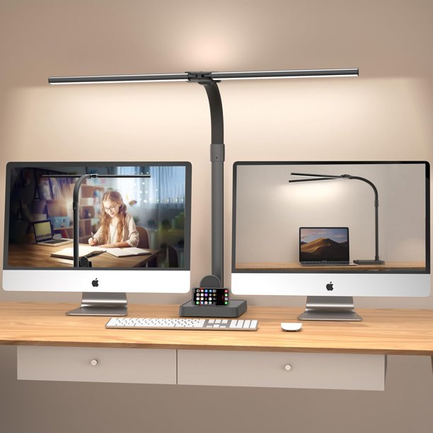 Lámpara LED de escritorio de doble cabeza, lámparas de escritorio de arquitecto para oficina en casa, iluminación LED de 24 W más brillante, 5 modos de color y 5 atenuables con protección