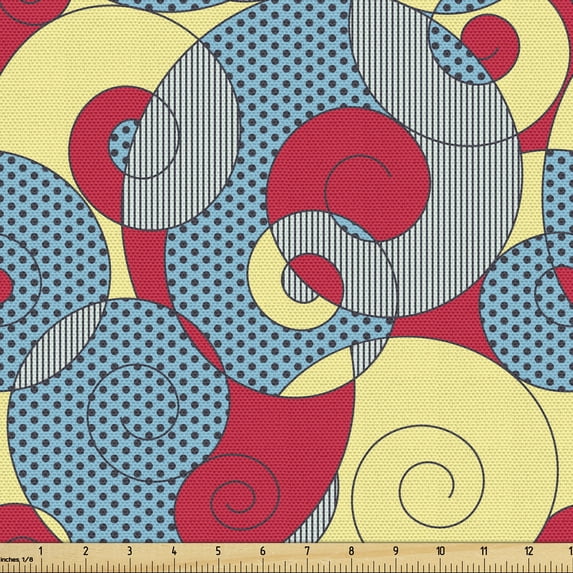 Abstract Sofa Upholstery Fabric by the Yard, Rhythmic Modern Spiral Mollusk Formed Shapes with Dotted Striped Illustration, Decorative Fabric for DIY and Home Accents, Multicolor by Ambesonne