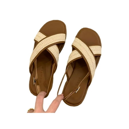 

UKAP Women Flat Sandals Beach Summer Sandal Slip On Sldies Non-Slip Casual Shoes Ladies Cross Strap Fashion Sandals Brown 4.5