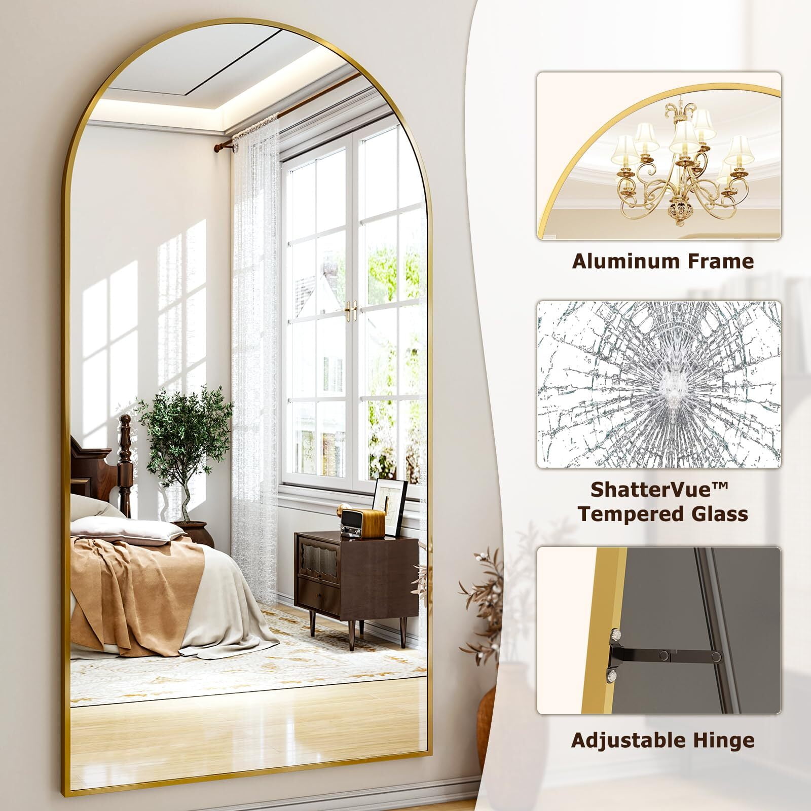 Lumora 78"x 35.2" Arched Large Full Length Mirror Free-Standing Floor Mirrors, Gold