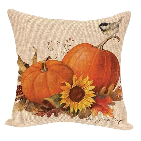 Fall Pillow Cover 18x18 Inch Set of 1 Vintage Farmhouse Pumpkin Sunflower Bird Throw Pillow Case, Autumn Thanksgiving Grateful Decoration for Home Decor Cushion Cover
