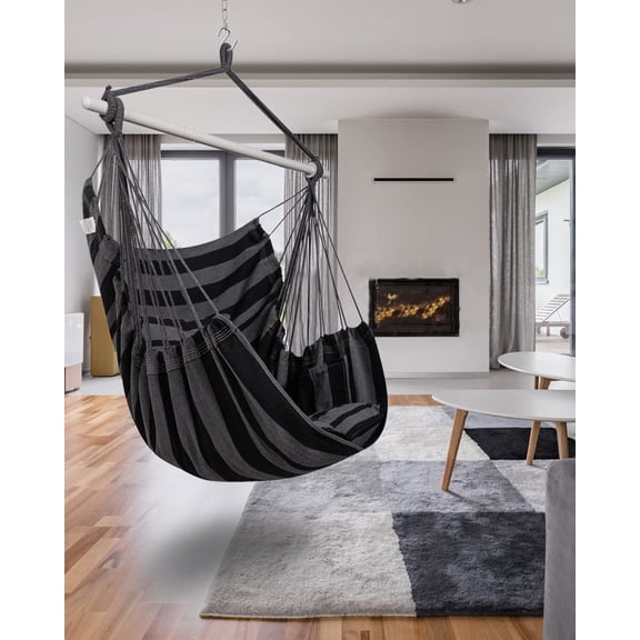 Hammock Chair Swing with Anti-Slip Steel Spread Bar and 2 Cushions, Perfect for Bedroom, Outdoor, , Porch, Backyard
