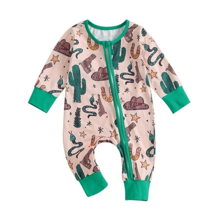 

Wallarenear Western Baby Jumpsuit Long Sleeve Romper Cow Print Zip Up Onesie Bodysuit