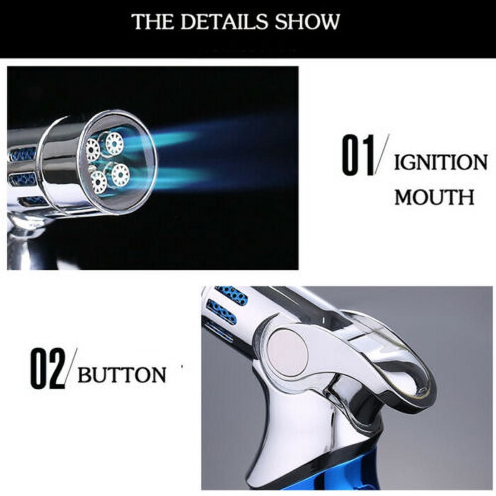 Windproof Luxury 4 Nozzles Quad Jet Torch Lighter Elegant Four Flame Butane Gas Cigar Cigarette Lighter - Blue