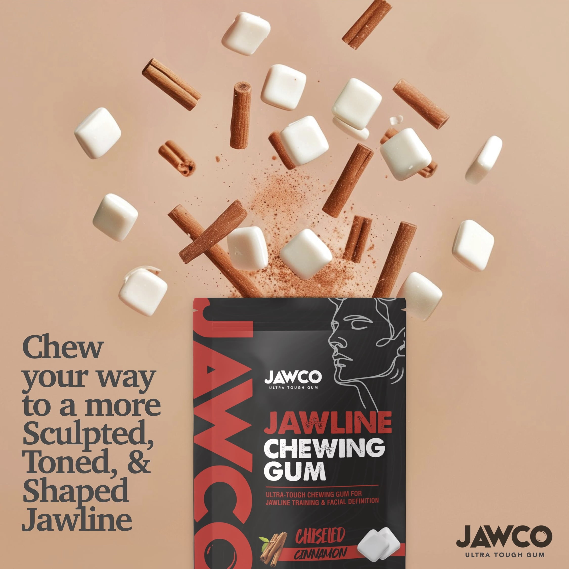 JAWCO Ultra-Tough Jawline Chewing Gum | Cinnamon Facial Fitness Hard Gum | 3-PACK