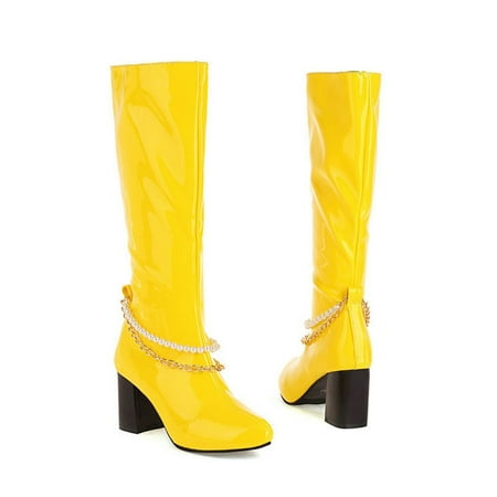 

VKEKIEO Wide Calf Knee High Boots Peak Toe High Heel Heels Bead Zip-Up Yellow Fall Boots