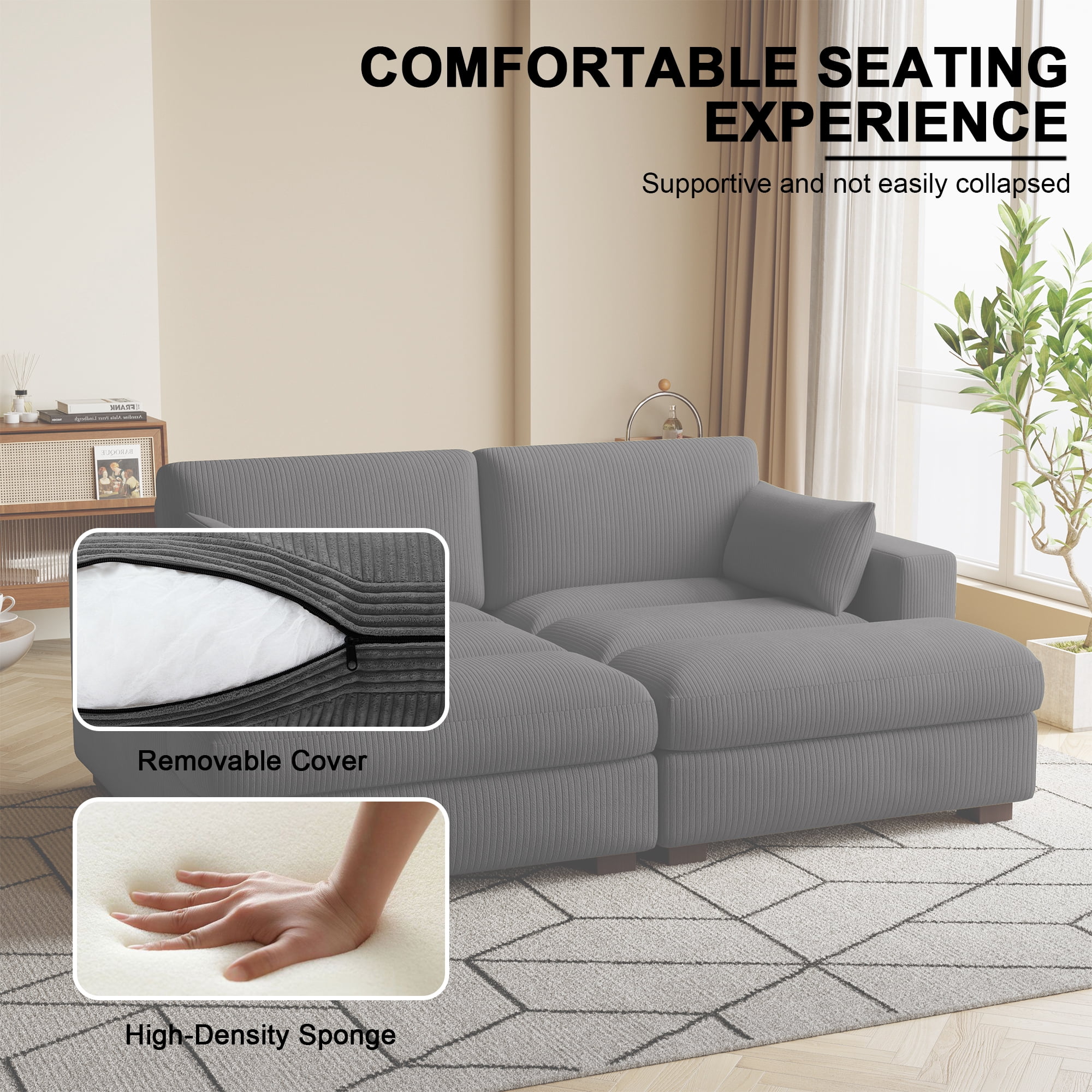 UIXE Chaise Lounge Indoor Upholstered Corduroy Sofa with Armrest for Living Room Bedroom, Gray